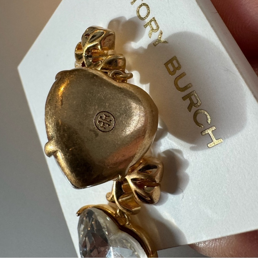 Tory Burch New Roxanne Crystal Brass Heart Drop Earrings - Picture 15 of 16
